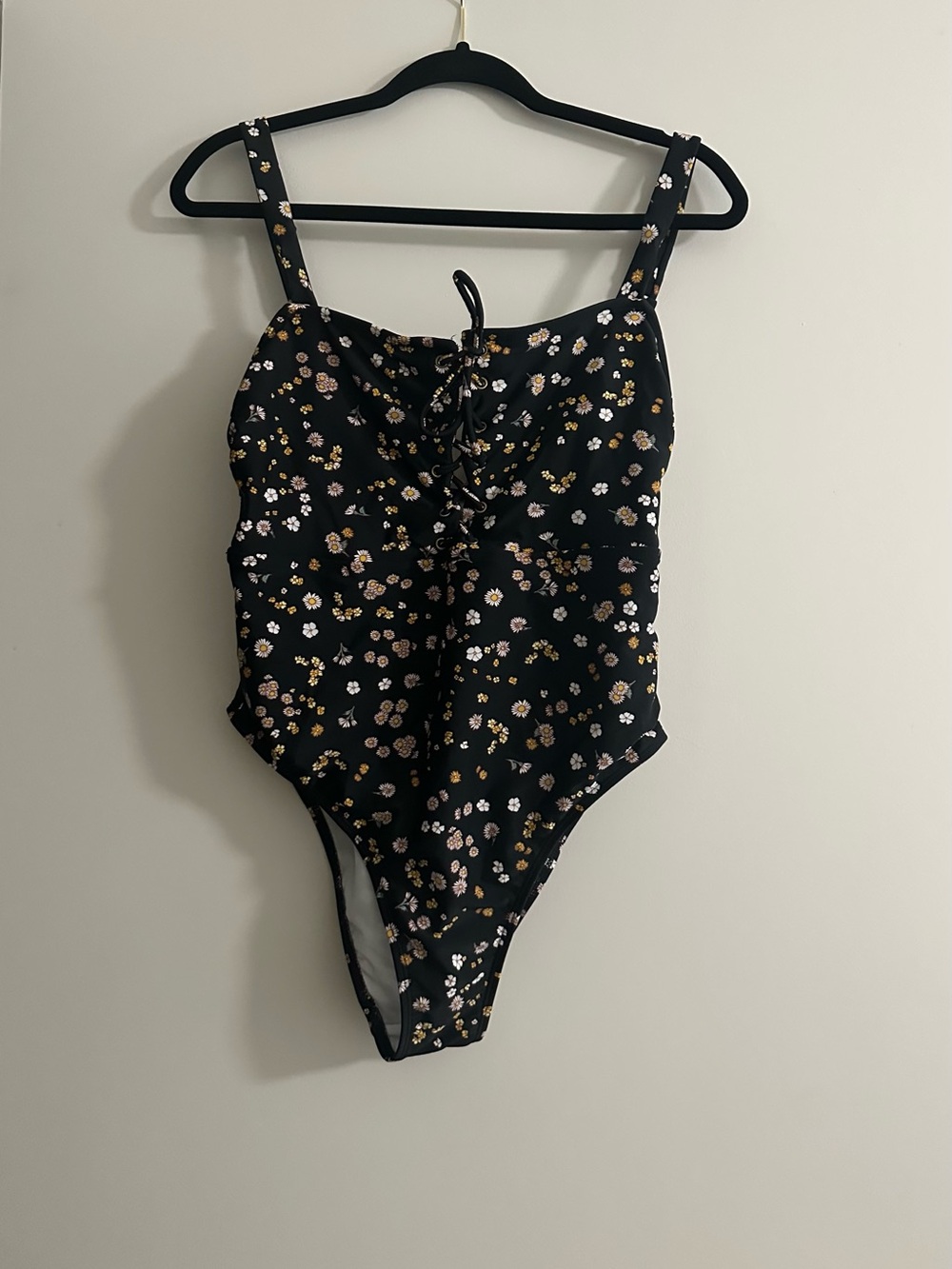 Xhilaration Black Floral Lace-Up One-Piece Swimsuit